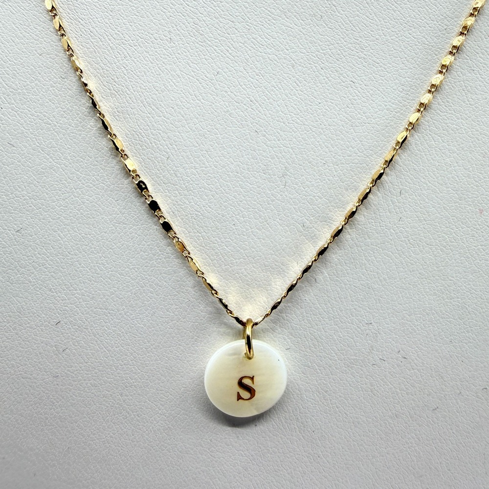 Vintage Y2K Gold Tone Initial S Mother of Pearl Disc Pendant Necklace Minimalist